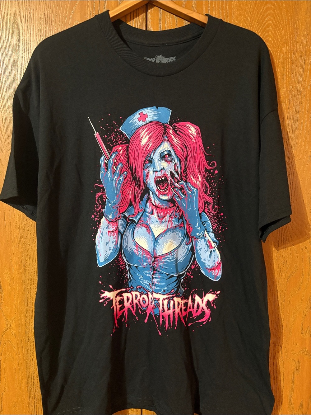 Horror Nurse Graphic Tee - Black with Pink & Blue Artwork